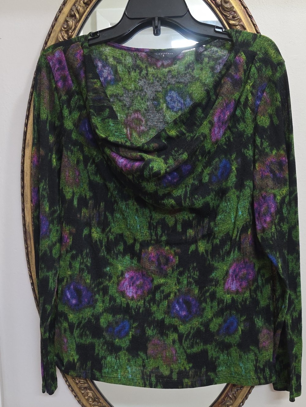 Investments II Green Purple Draped Neck Lightweight Top Size 1X Long Sleeve